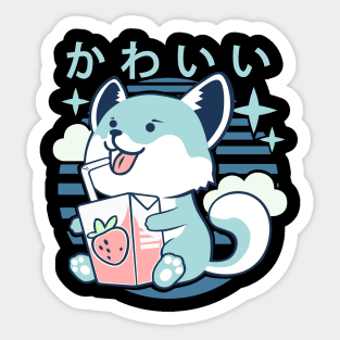 Kawaii Aesthetics Japanese Strawberry Milk Shake かわいい Fox - Blue - Strawberry Milk Sticker